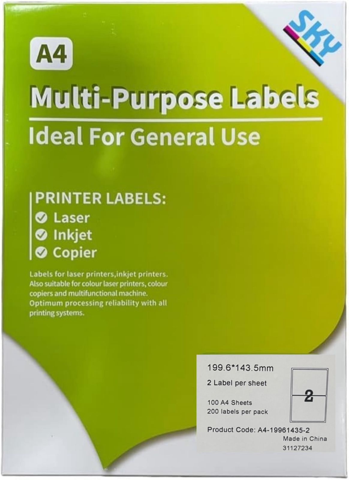 2 Labels per A4 Sticker Paper / Label Paper for Inkjet and Laserjet Printing- 100 Sheets - 200 Labels  per pack