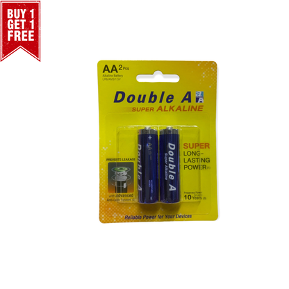 Double A Super Alkaline AA batteries in packaging with a 'Buy 1 Get 1 Free' offer.