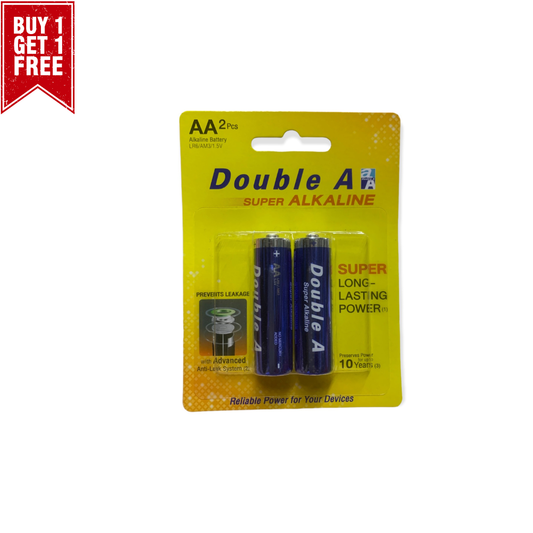 Double A Super Alkaline AA batteries in packaging with a 'Buy 1 Get 1 Free' offer.