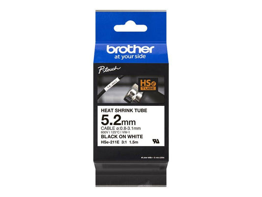 Brother HSe-211E Heat Shrink Tube Tape Cassette - Black on White, 5.2mm wide