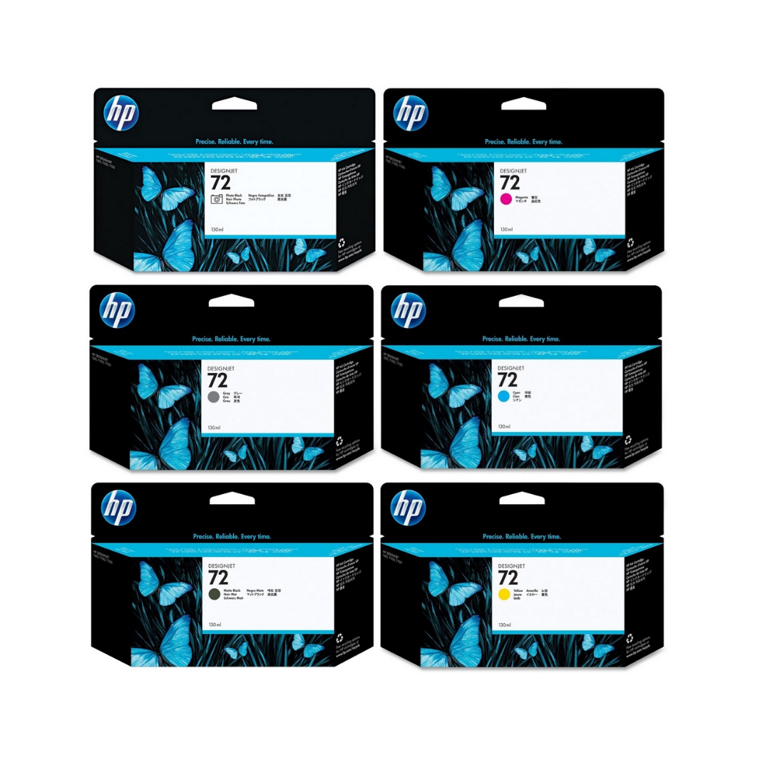 HP 72 -  130 ml 6-color Ink  cartridge set for for HP Designjet T1100, T1200, T 1300