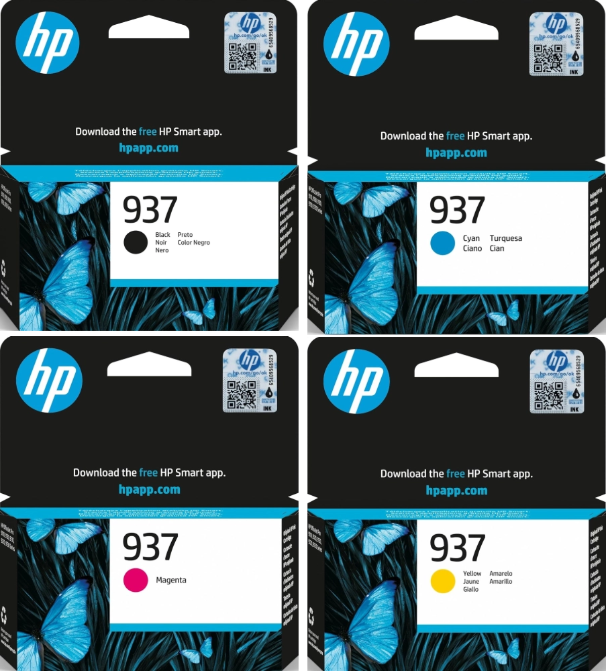 937 HP Set of 4 Inks  with 1 each Black, Cyan, Magenta & Yellow