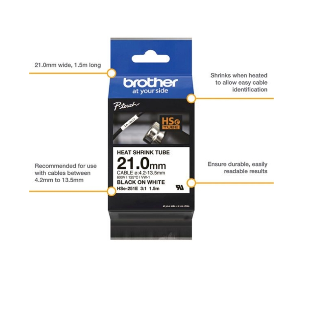 Brother HSe-251E Heat Shrink Tube Tape Cassette - Black on White, 21mm wide