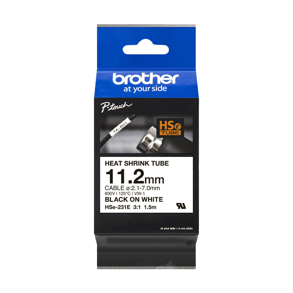 Brother HSe-231E Heat Shrink Tube Tape Cassette - Black on White, 11.2mm wide