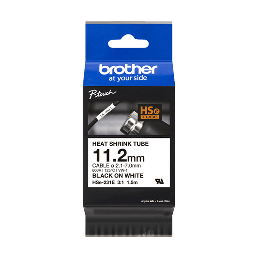 Brother HSe-231E Heat Shrink Tube Tape Cassette - Black on White, 11.2mm wide