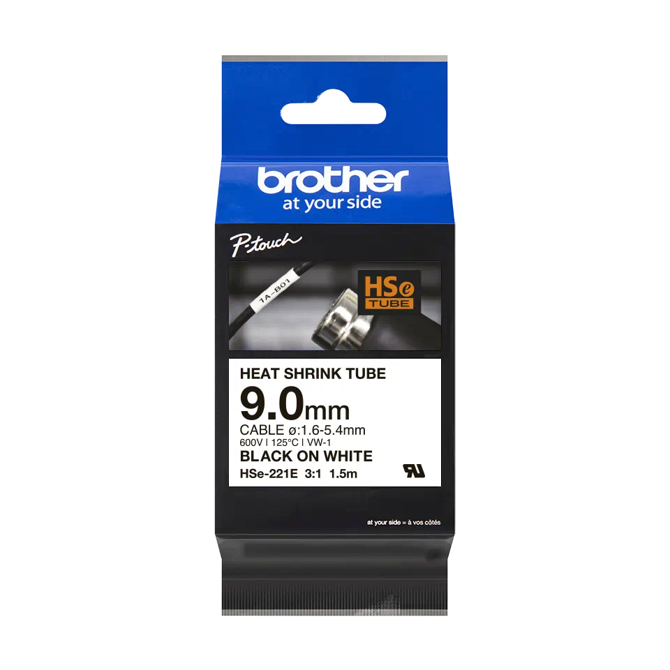 Brother HSe-221E Heat Shrink Tube Tape Cassette - Black on White, 9mm wide