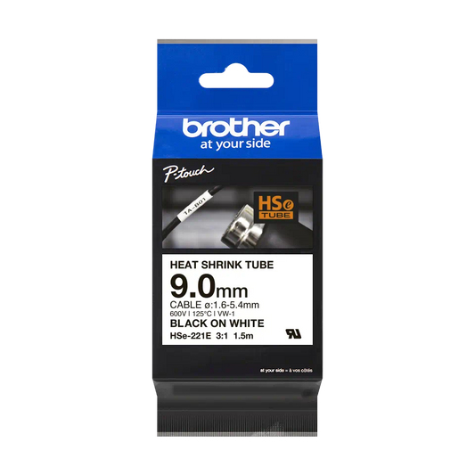 Brother HSe-221E Heat Shrink Tube Tape Cassette - Black on White, 9mm wide