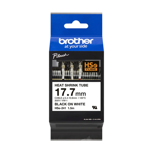 Brother HSe-241E Heat Shrink Tube Tape Cassette - Black on White, 17.7mm wide