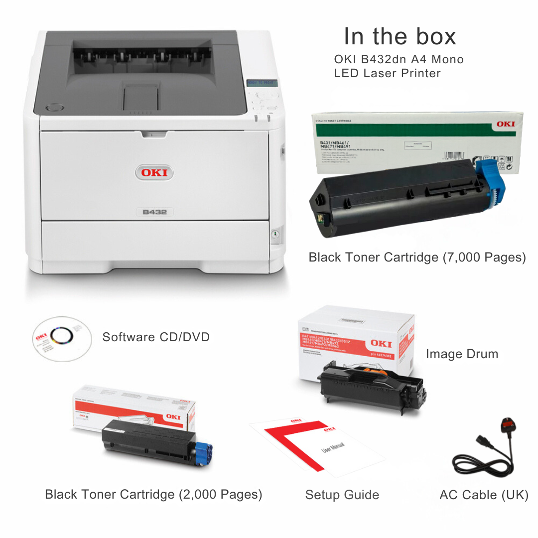 OKI B432dn Mono 40ppm  Printer with  Duplex and Network with 9000 pages Toner cartridge