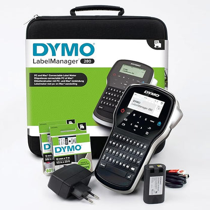 Dymo LabelManager LM280 Rechargeable Handheld Label Maker Kit with 2 D1 Labels, Case and 2 types AC Adapters