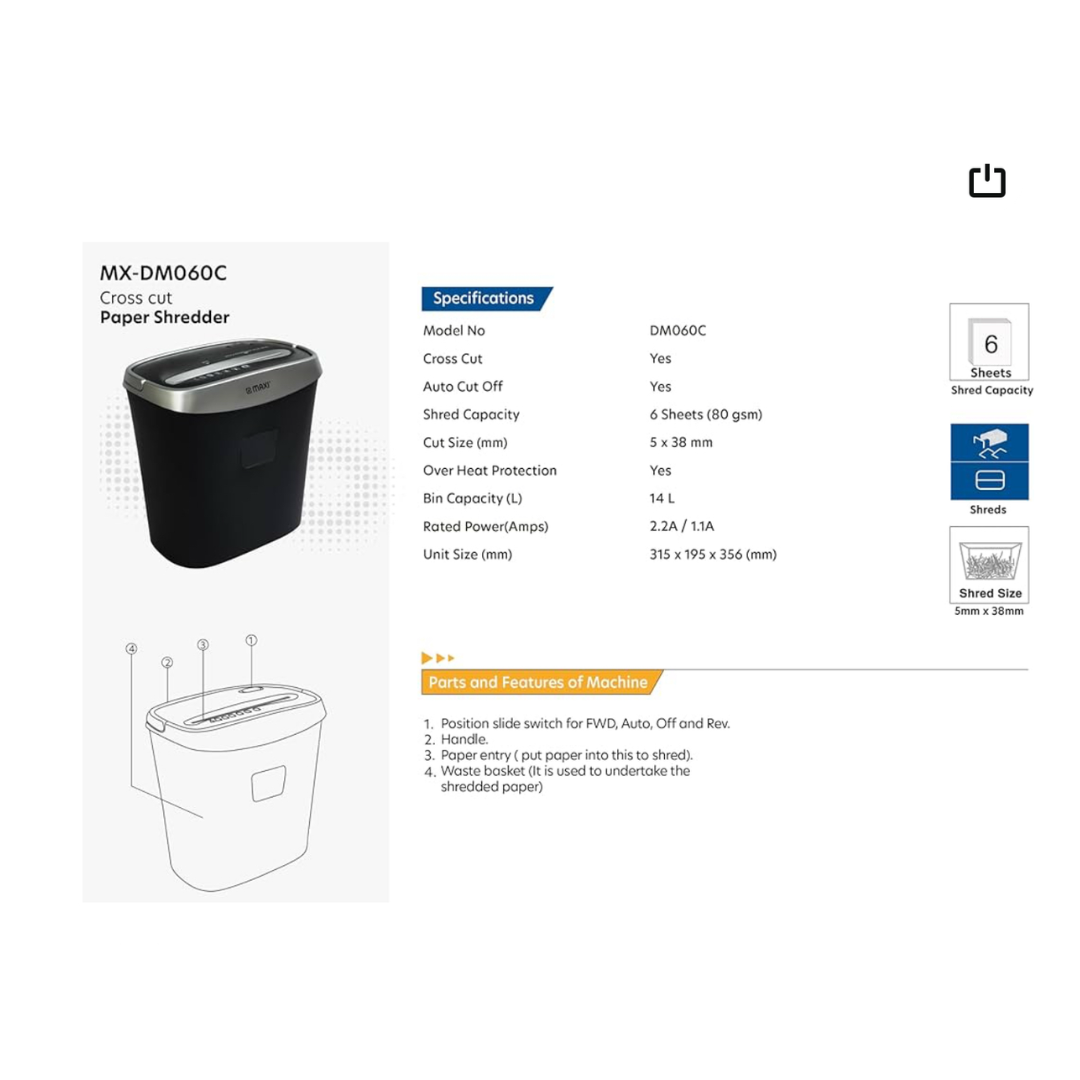 Maxi DM 060C Cross Cut Shredder  - 6 sheets