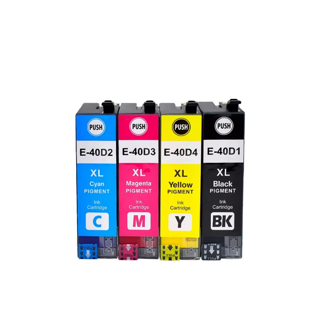 Four ink cartridges with labels for different colors on a white background