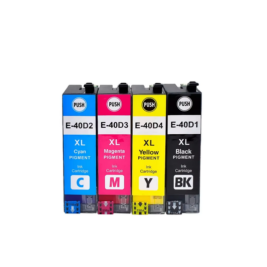 Four ink cartridges with labels for different colors on a white background