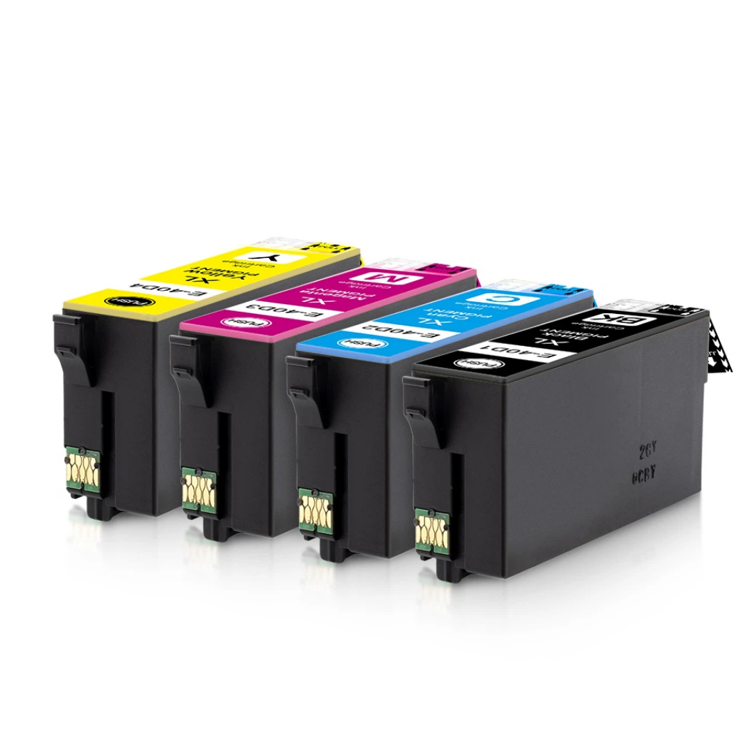 Set of ink cartridges in black, yellow, magenta, cyan, and blue on a white background
