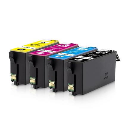 Set of ink cartridges in black, yellow, magenta, cyan, and blue on a white background