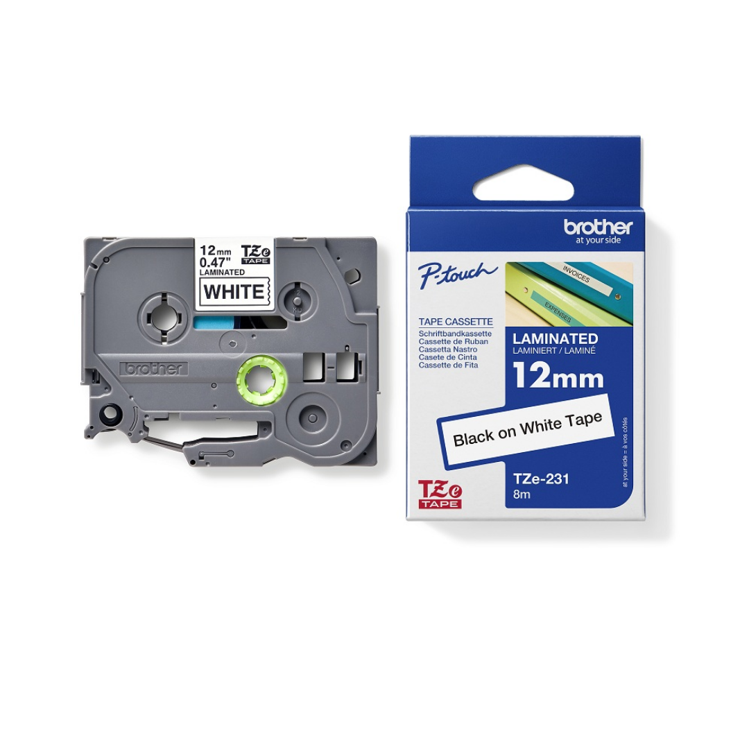 Brother Genuine Tz/Tze Black on White Laminated Tape Cartridge for Brother P-touch Label Printers