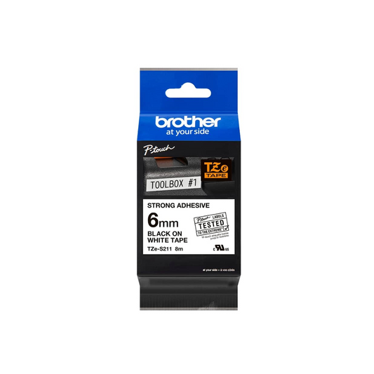 Brother Strong Adhesive TZe-S211 6mm Black on white Labeling Tape