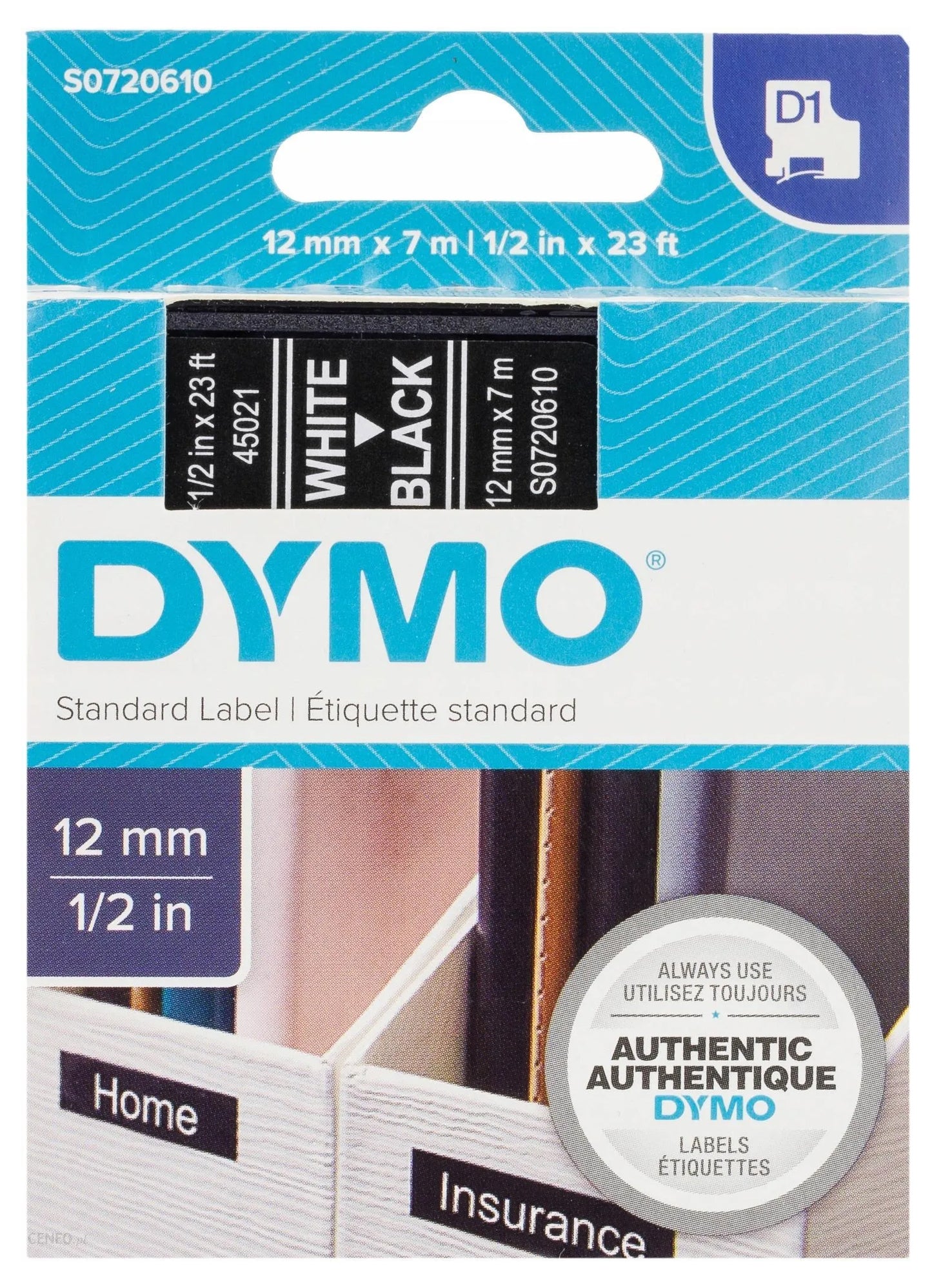 Dymo 12mm x 7 meter White on Black Label Tape Cartridge for Dymo  Label Printers 45021