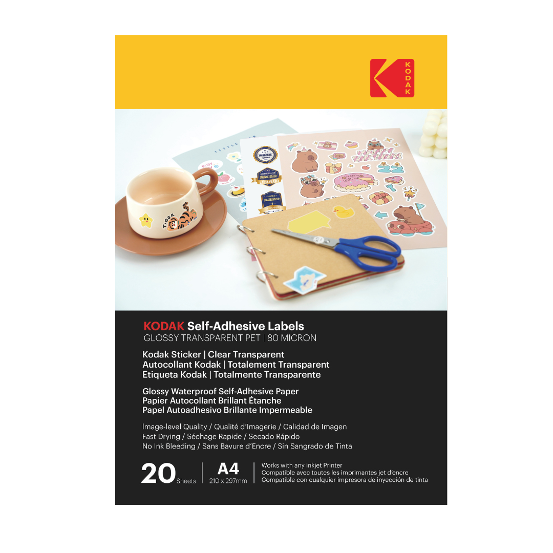 KODAK Glossy Transparent PET Self-Adhesive Labels A4 (210 × 297 mm) – 20 Sheets