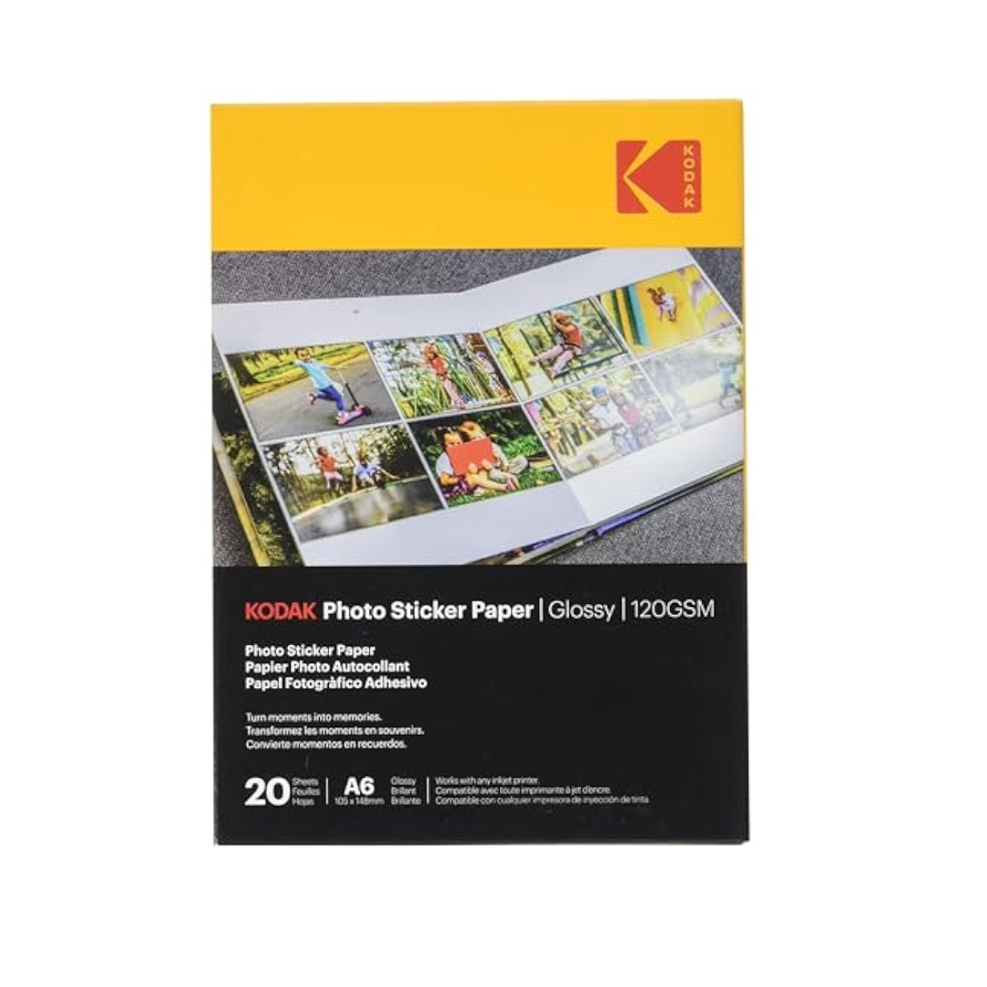 Kodak A6 Glossy Photo Sticker Paper – 120gsm, 20 Sheets (105x148mm)