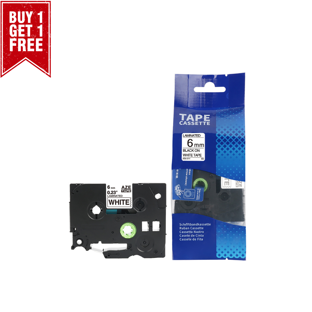 Compatible TZe-211 Label Tape – 6mm Black on White for Brother P-touch Printers