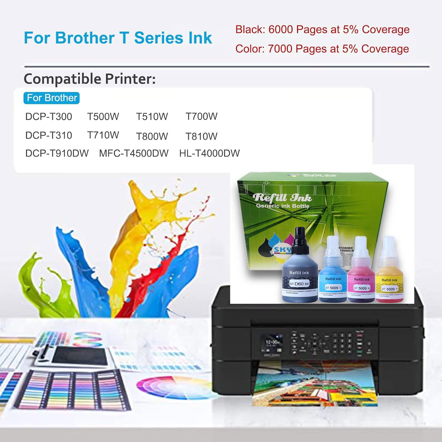 4-Color BTD60/BT5000 Compatible ink to use with   DCP-T300, T500W, T700W, T710W, T800W, T810W, T910DW, T310, T510W, HL-T4000DW, MFC-T4500DW