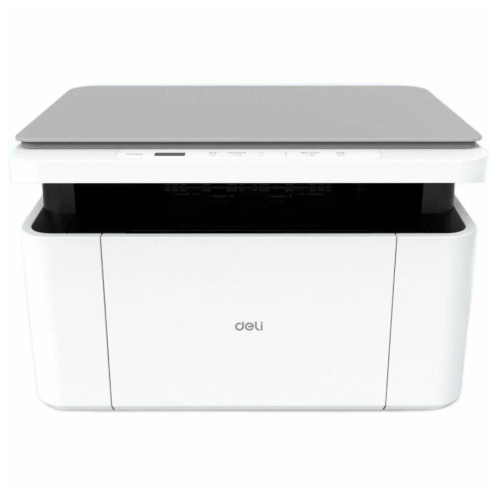 White printer with a gray lid on a white background