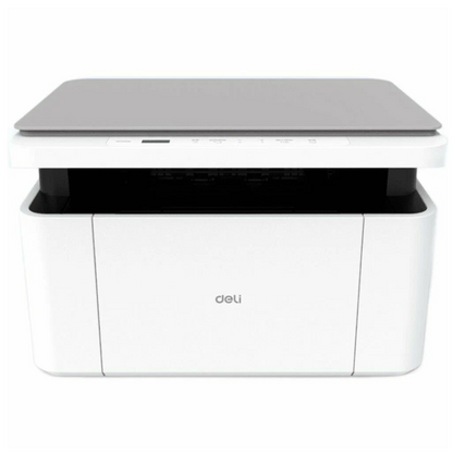 White printer with a gray lid on a white background