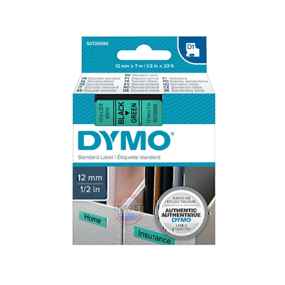 Dymo 45019 D1 Label Tape – 12mm x 7m, Black on Green