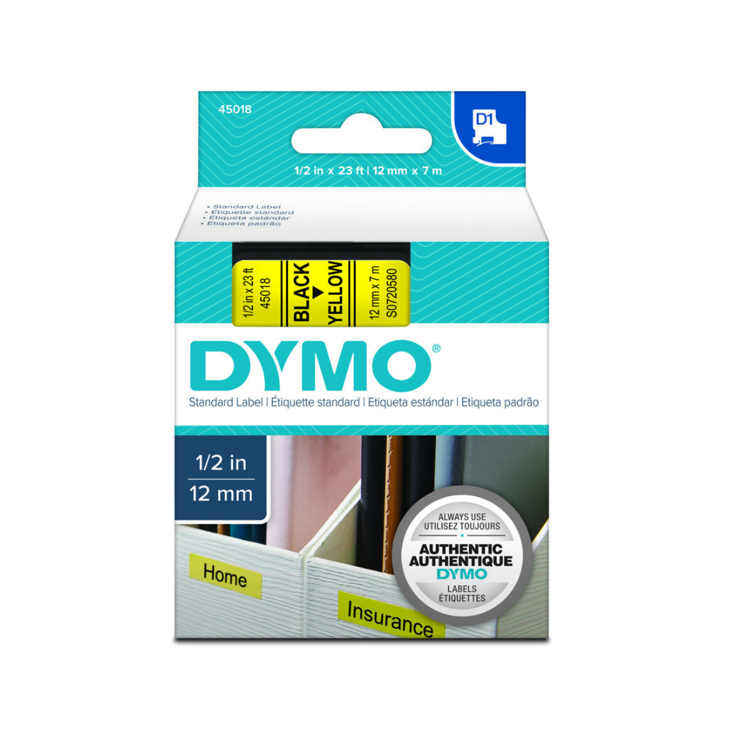 Dymo 45018 D1 Label Tape – 12mm x 7m, Black on Yellow | For Dymo Label Printers