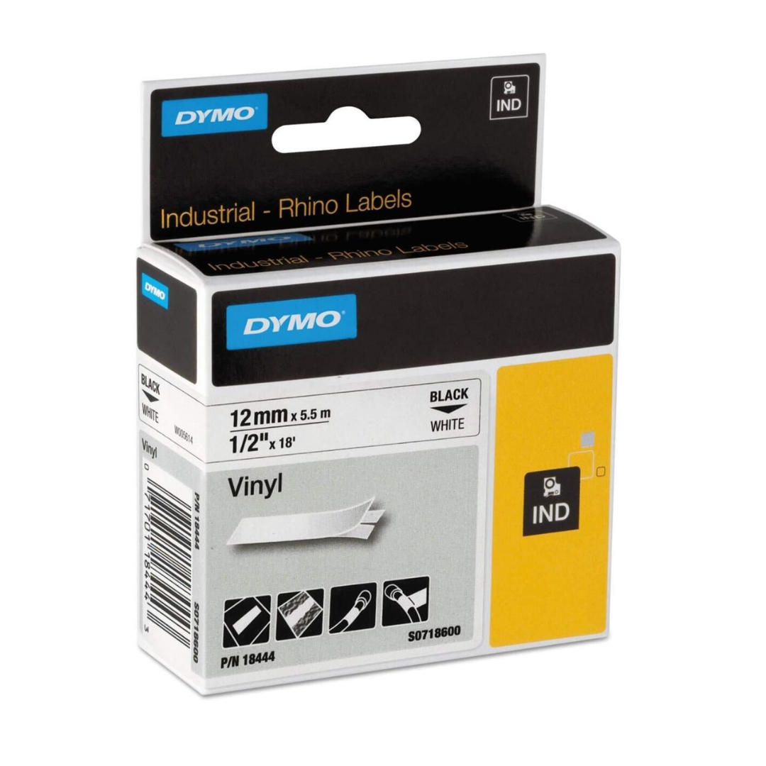 Dymo Rhino 18444 Vinyl Label Tape Black on White 12mm x 5.5m | Durable Label for Dymo LabelManager
