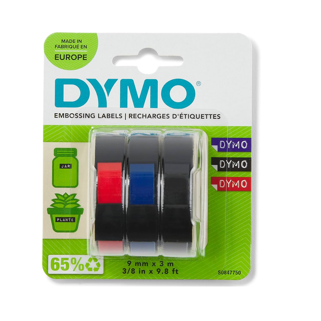 DYMO - Embossing Tape Self Adhesive 9mm Pack of 3 Red, Blue and Black ...
