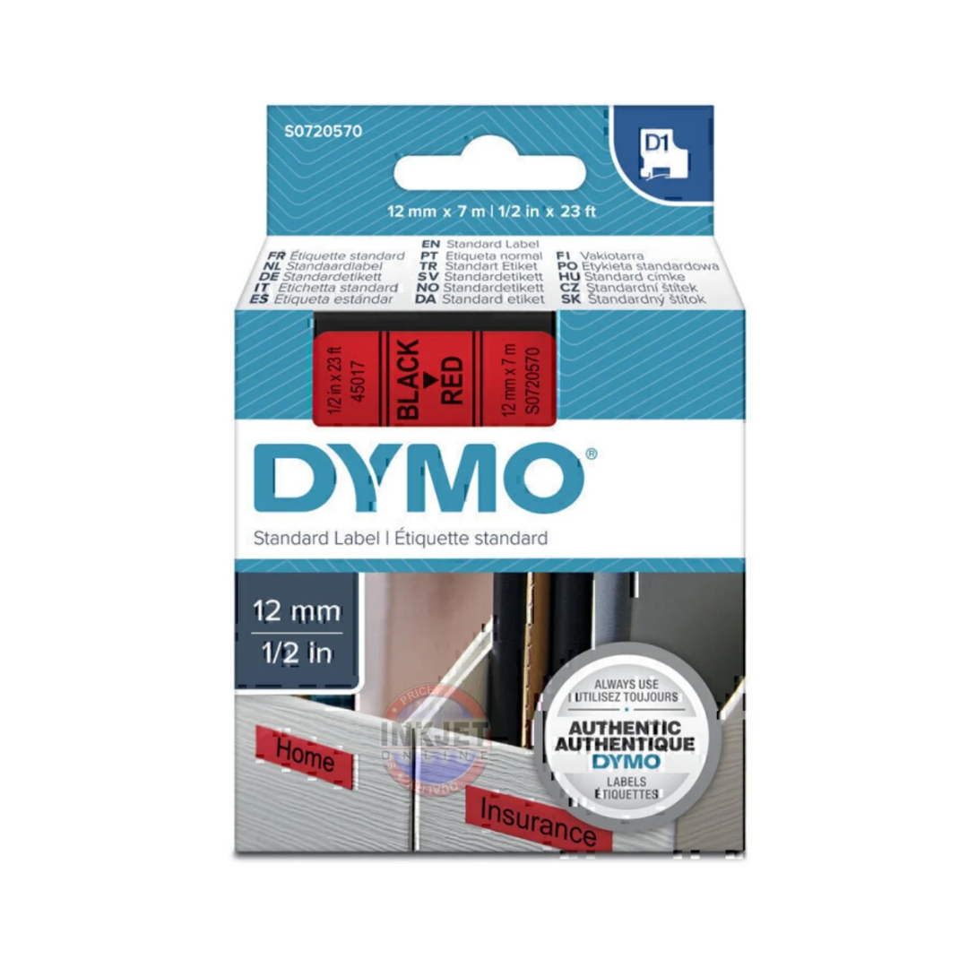 Pack of 5 Dymo 45017 D1 Label Tape – 12mm x 7m, Black on Red | For Dym ...