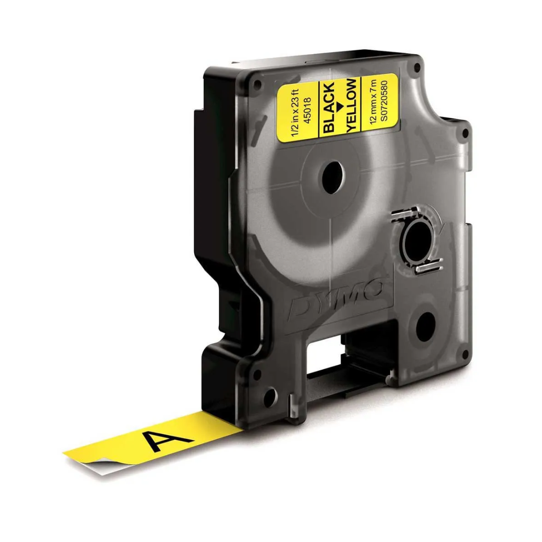 Dymo 45018 D1 Label Tape – 12mm x 7m, Black on Yellow | For Dymo Label Printers