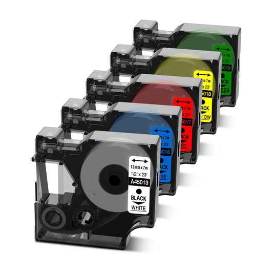 Set of color-coded label tapes on a white background