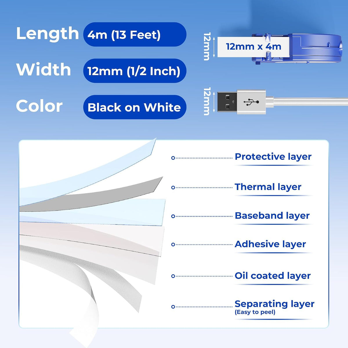 2pcs Compatible 12 mm Black on White Plastic Label Tape for DYMO LetraTag Label Makers