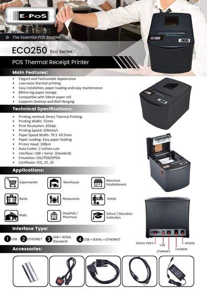 Epos ECO250 POS Printer USB Ethernet and Serial Ports  with 5 POS rolls