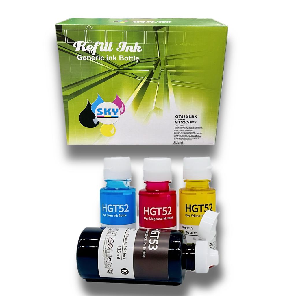 SKY 4-Pack GT53XL/GT51XL GT52 Compatible Refill Ink   Ink Bottle to Use for  DeskJet GT5810, 5820, and Smart Tank Printers