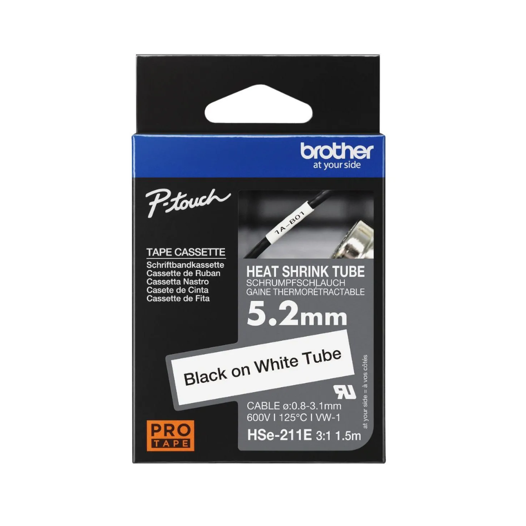 Brother HSe-211E Heat Shrink Tube Tape Cassette - Black on White, 5.2mm wide