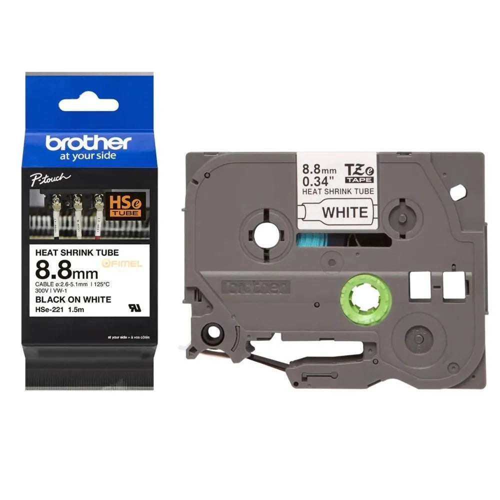 Brother 8.8MM HSe-221 Heat Shrink Tube Tape Cassette - Black on White