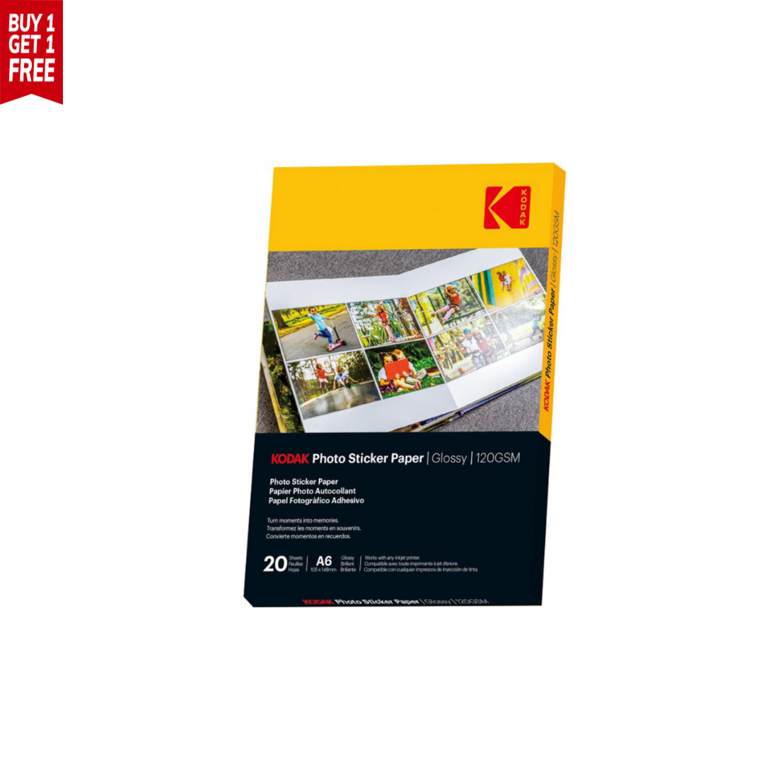 Kodak A6 Glossy Photo Sticker Paper – 120gsm, 20 Sheets (105x148mm)