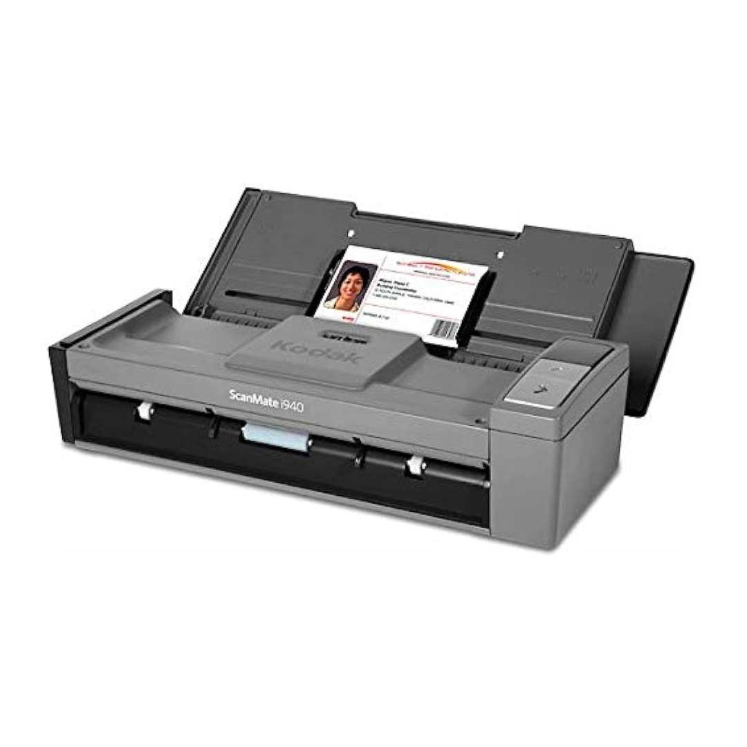 Kodak ScanMate i340 scanner with a document inside on a white background