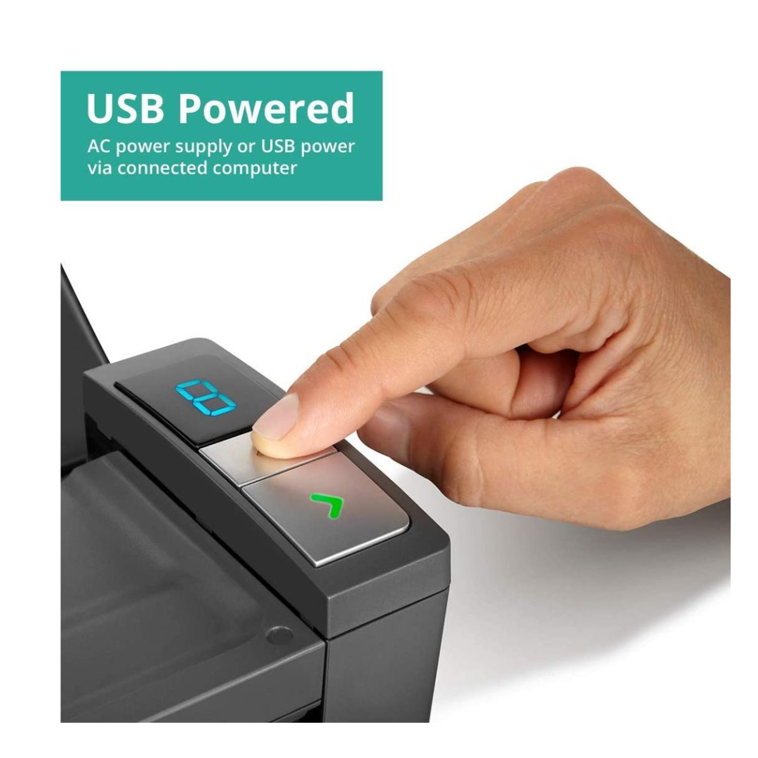 Hand pressing a button on a device with 'USB Powered' text above