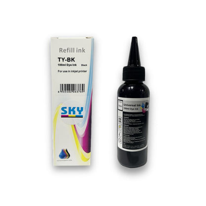A 100ml black bottle of SKY brand universal refill ink dye, with a white and colorful label, next to its packaging box.
