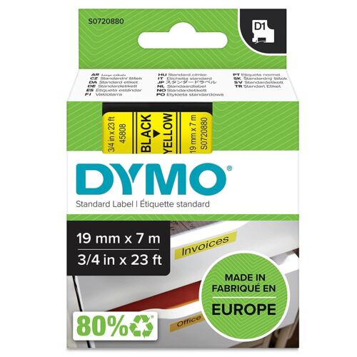 Dymo S0720880 D1 45808 Tape 19mm x 7m Black on Yellow