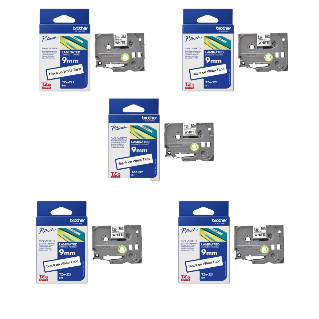 5 pcs Brother TZe-221 9mm Black on white TZe tape for P-touch Label Printers