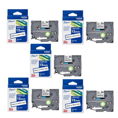 5pcs Brother TZe-231 12mm Black on white TZe tape for P-touch Label Printers