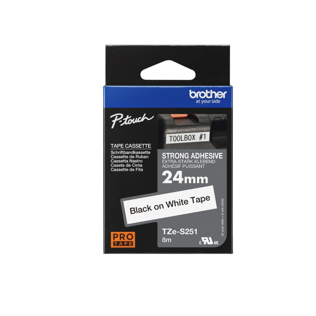 Brother TZe-S251 24mm Black on White Strong Adhesive Label Tape – 24mm x 8m | Genuine Brother TZe-S251