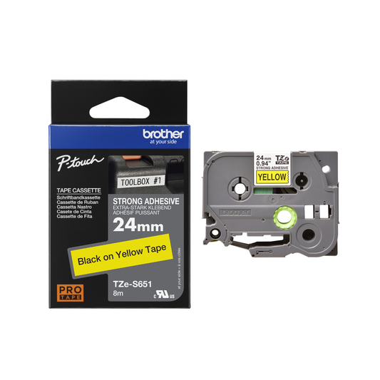 Brother TZe-S651 24mm Black on Yellow Strong   TZe tape for P-touch Label Printers