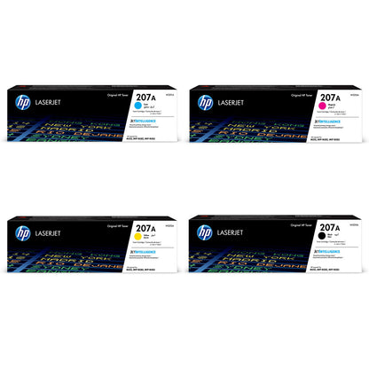 HP 207A toner cartridge set in black, cyan, magenta, and yellow, compatible with HP Color LaserJet Pro M255, MFP M282, and MFP M283 printers
